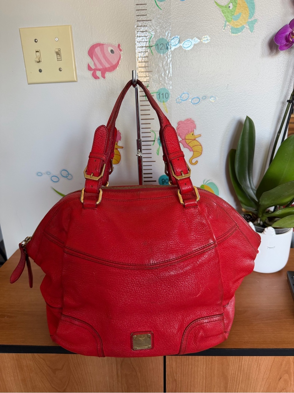 MCM Red Leather Shoulder Bag with Gold-Tone Hardware